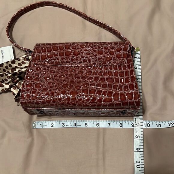 NWT Comely brown faux alligator handbag polka dot scarf that matches the lining - Picture 7 of 11